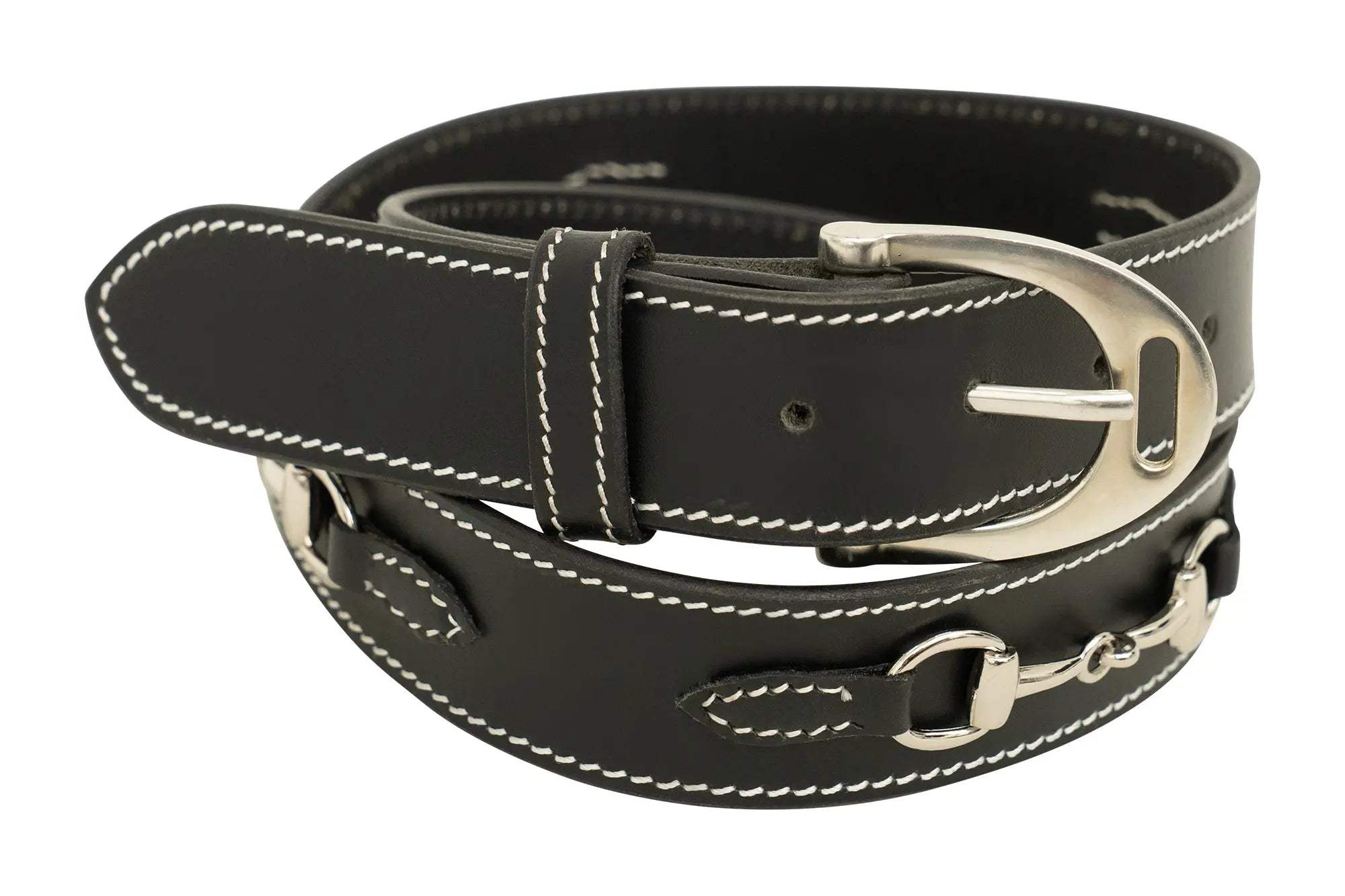 Huntley Equestrian Ladies Stirrup Buckle, Snaffle Bit, 1.5" Inch Width Leather Belt, Black - Huntley Equestrian - Flyclothing LLC