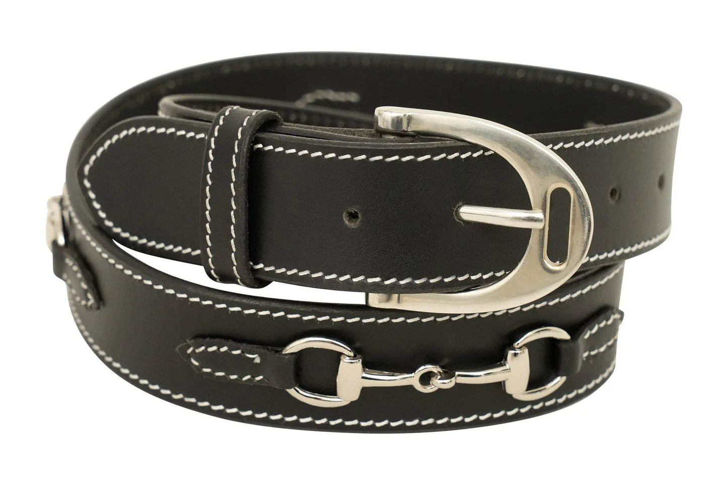 Huntley Equestrian Ladies Stirrup Buckle, Snaffle Bit, 1.5" Inch Width Leather Belt, Black - Huntley Equestrian - Flyclothing LLC