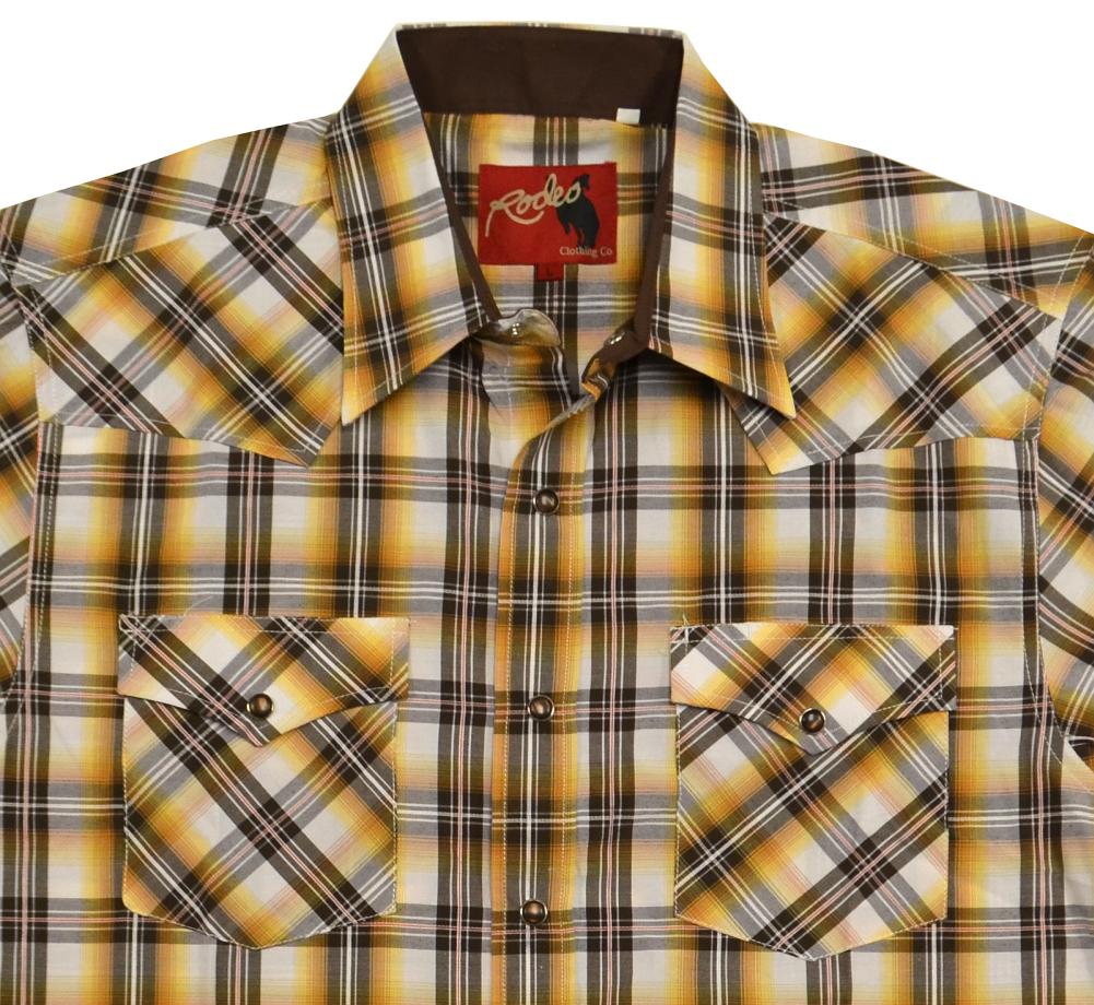 Rodeo Yellow & Brown Plaid Western Shirt (close up)