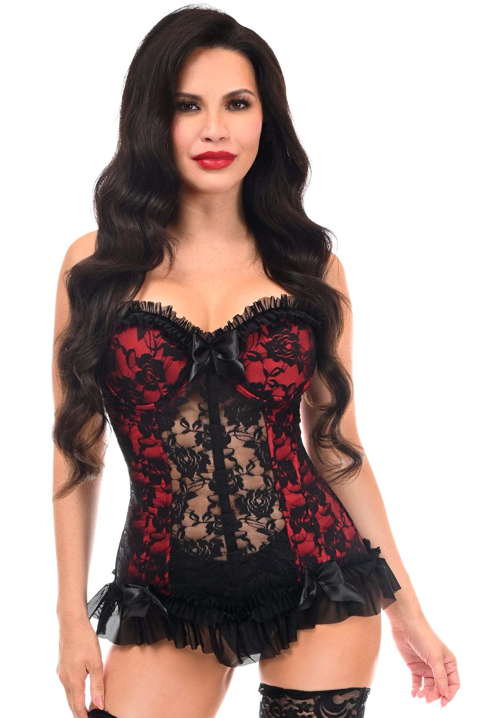 Daisy Corsets Lavish Red w/Black Lace & Lycra Hook & Eye Stretch Bustier Corset - Daisy Corsets - Flyclothing LLC