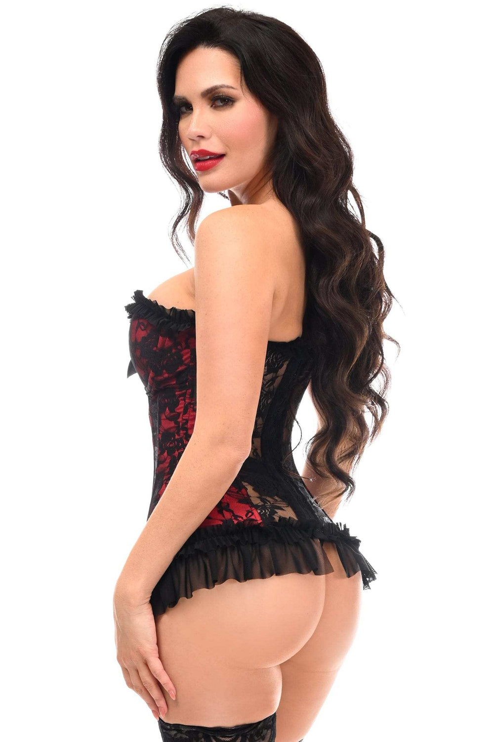 Daisy Corsets Lavish Red w/Black Lace & Lycra Hook & Eye Stretch Bustier Corset - Daisy Corsets - Flyclothing LLC