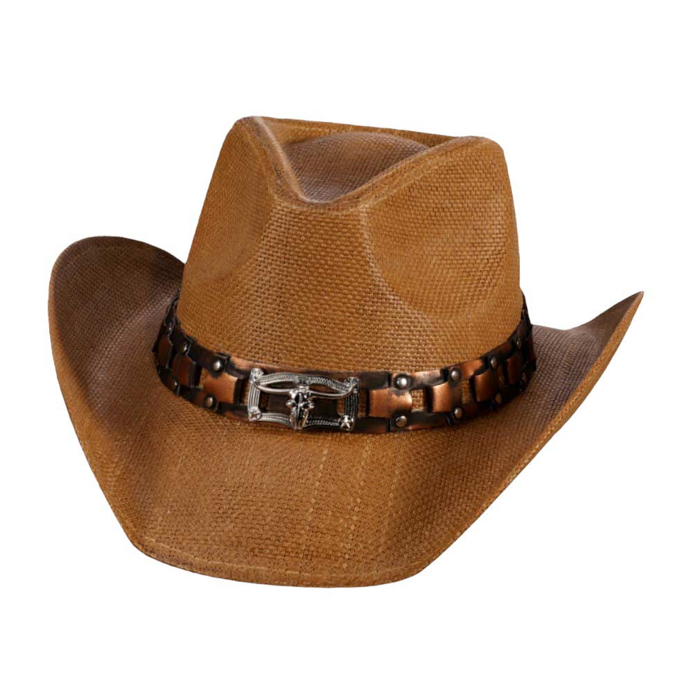 Steer Head Accented Faux Leather Band Straw Cowboy Hat - Madeline Love - Flyclothing LLC