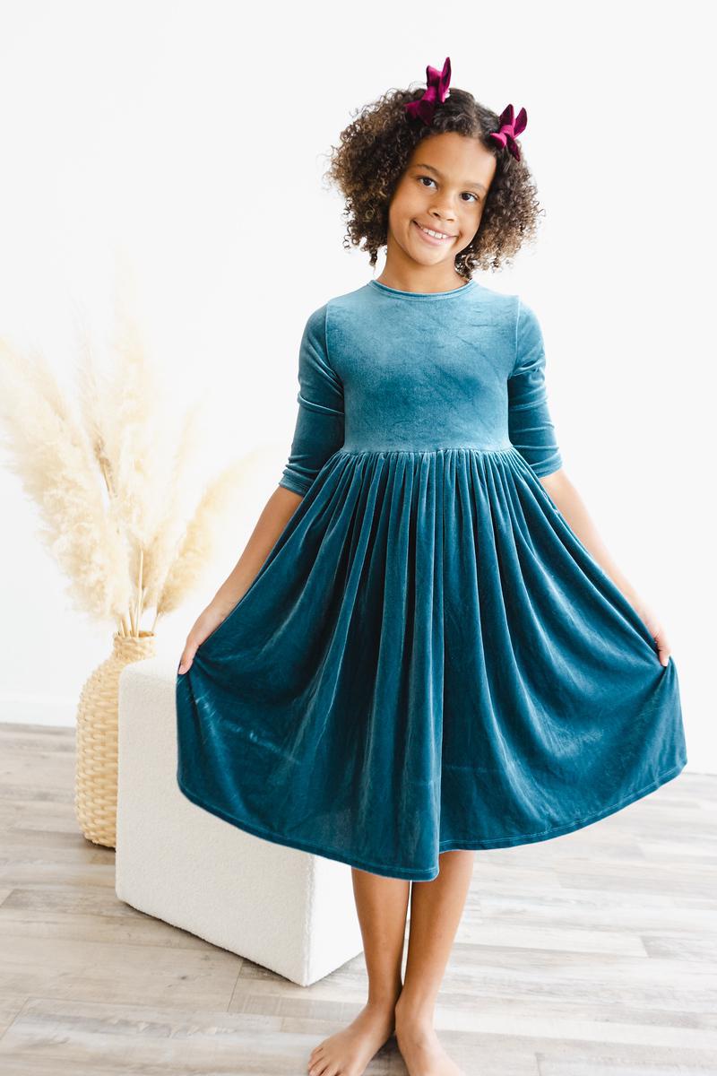 Denim Blue Velvet Twirl Dress - Mila & Rose ® - Flyclothing LLC