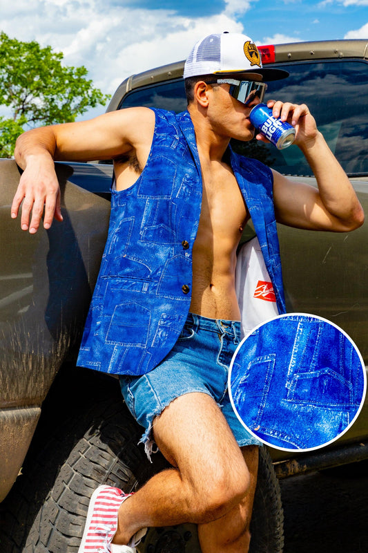 Denim's Day Off | Denim Pattern Sleeveless Blazer - Shinesty