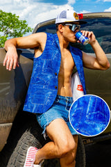 Denim's Day Off | Denim Pattern Sleeveless Blazer - Shinesty