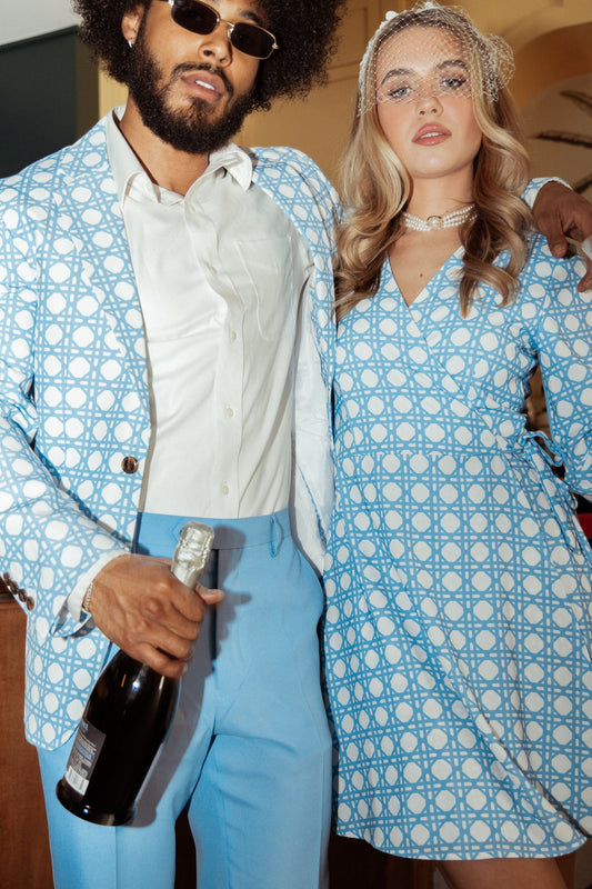 The Porch Swing | Light Blue Caned Wicker Wrap Dress - Shinesty