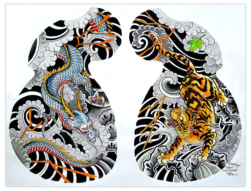 Black Market Art Company Dragon Tiger Tattoo Half Sleeve Print