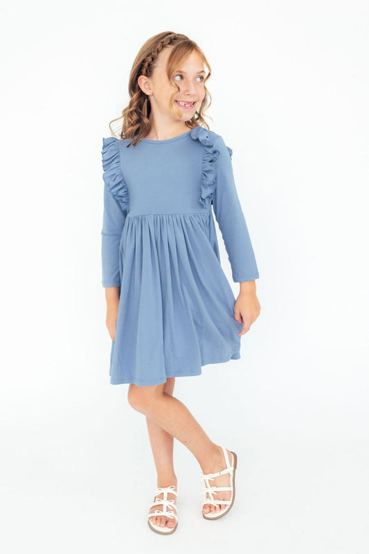 Dusty Blue L/S Ruffle Twirl Dress