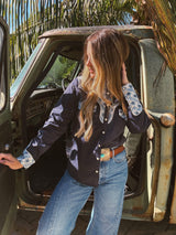 John Wayne Western Pearl Snap Button Up Top In Denim Blue - Lil Bee's Bohemian - Flyclothing LLC