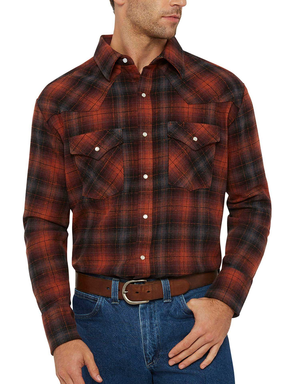 Men's Ely Cattleman Long Sleeve Brawny Flannel Western Snap Shirt- Rust - Ely Cattleman - Flyclothing LLC
