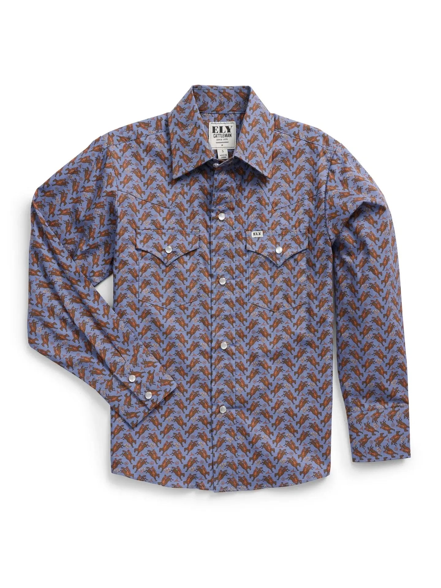 Boy's Ely Cattleman Long Sleeve Cowboy Print Snap Shirt- Denim Blue - Ely Cattleman - Flyclothing LLC