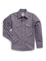 Boy's Ely Cattleman Long Sleeve Cowboy Print Snap Shirt- Denim Blue