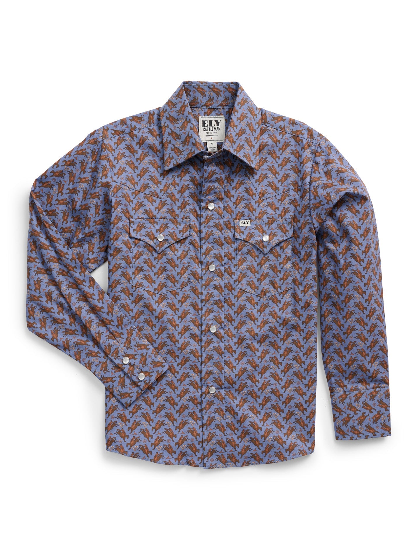 Boy's Ely Cattleman Long Sleeve Cowboy Print Snap Shirt- Denim Blue