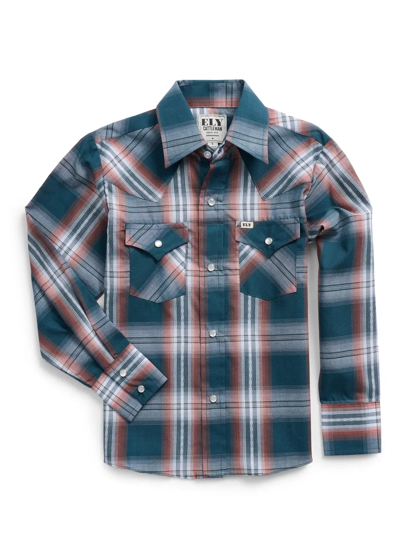 Boy's Ely Cattleman Long Sleeve Textured Plaid Western Snap Shirt-Teal - Ely Cattleman - Flyclothing LLC