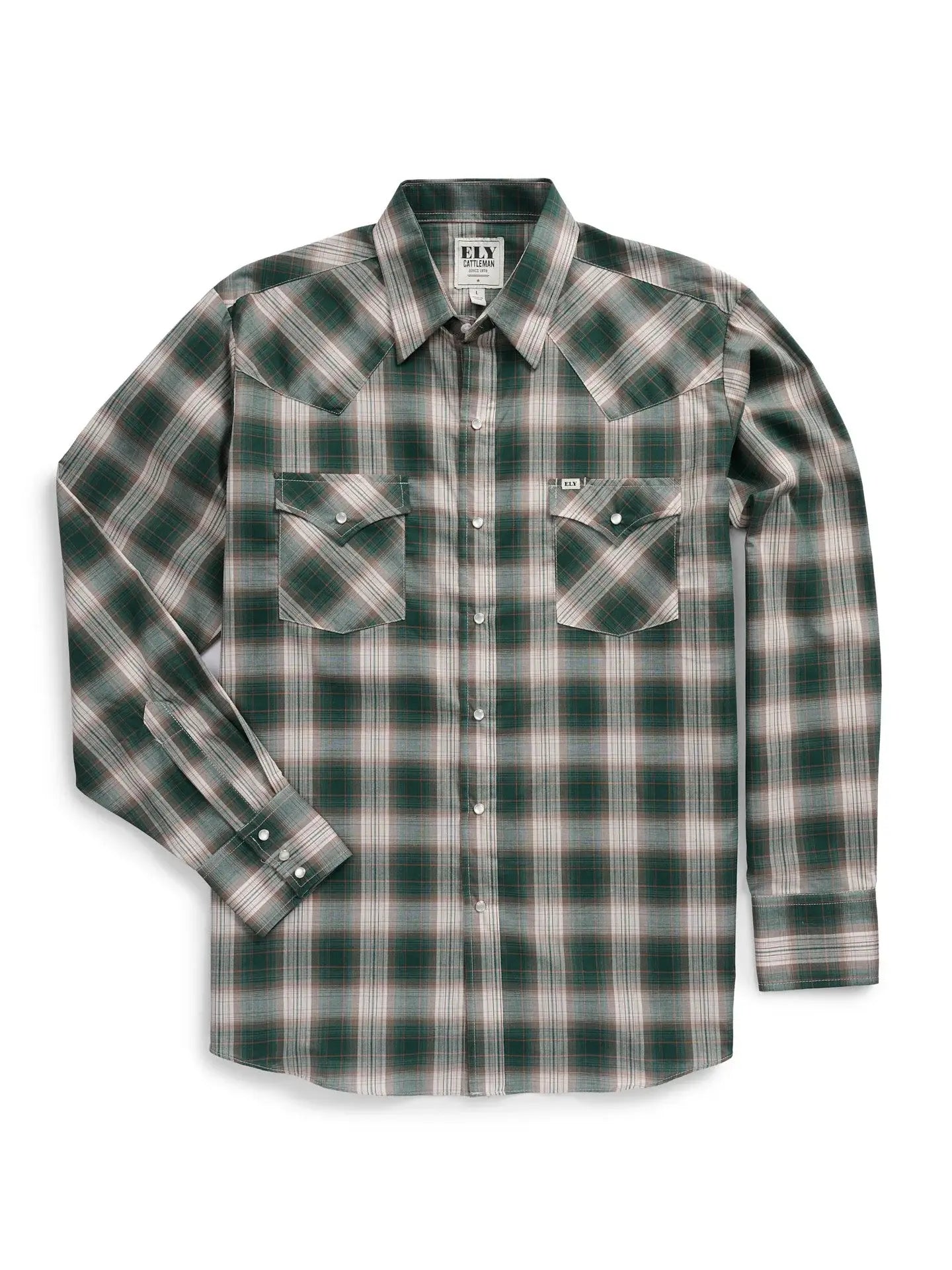 Men's Ely Cattleman Long Sleeve Textured Plaid Western Snap Shirt- Green - Ely Cattleman - Flyclothing LLC