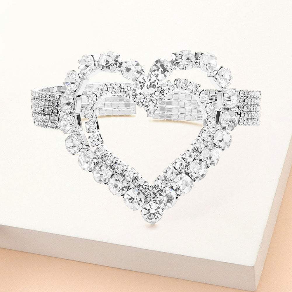 Stone Embellished Open Heart Cuff Evening Bracelet - Madeline Love - Flyclothing LLC