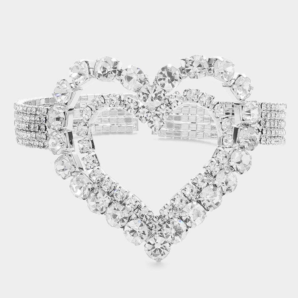 Stone Embellished Open Heart Cuff Evening Bracelet - Madeline Love - Flyclothing LLC