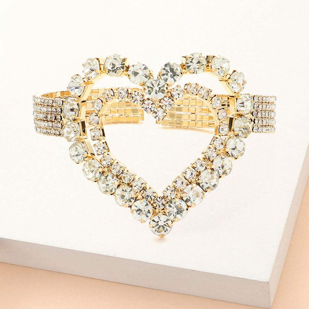 Stone Embellished Open Heart Cuff Evening Bracelet - Madeline Love - Flyclothing LLC