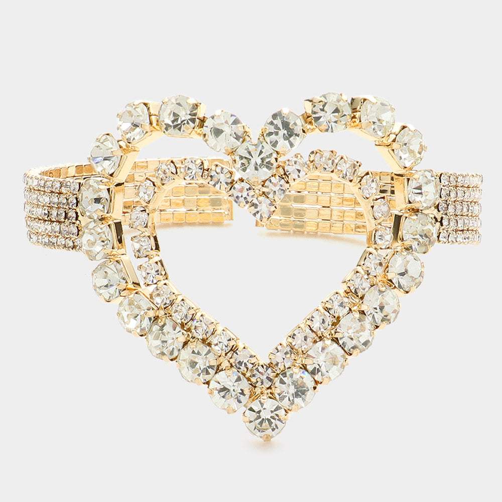 Stone Embellished Open Heart Cuff Evening Bracelet - Madeline Love - Flyclothing LLC