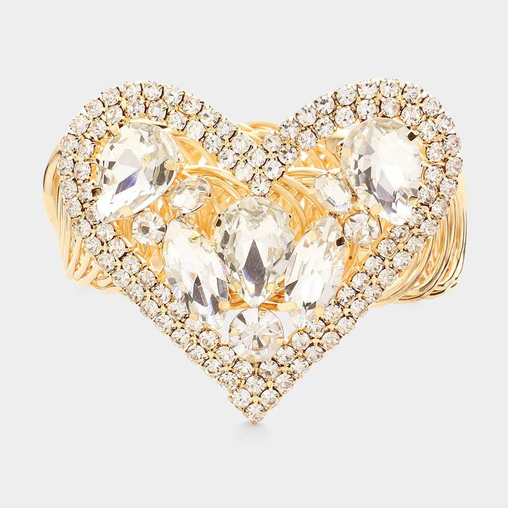 Marquise Teardrop Stone Cluster Embellished Rhinestone Paved Heart Pointed Adjustable Evening Bracelet / Arm Cuff - Madeline Love - Flyclothing LLC