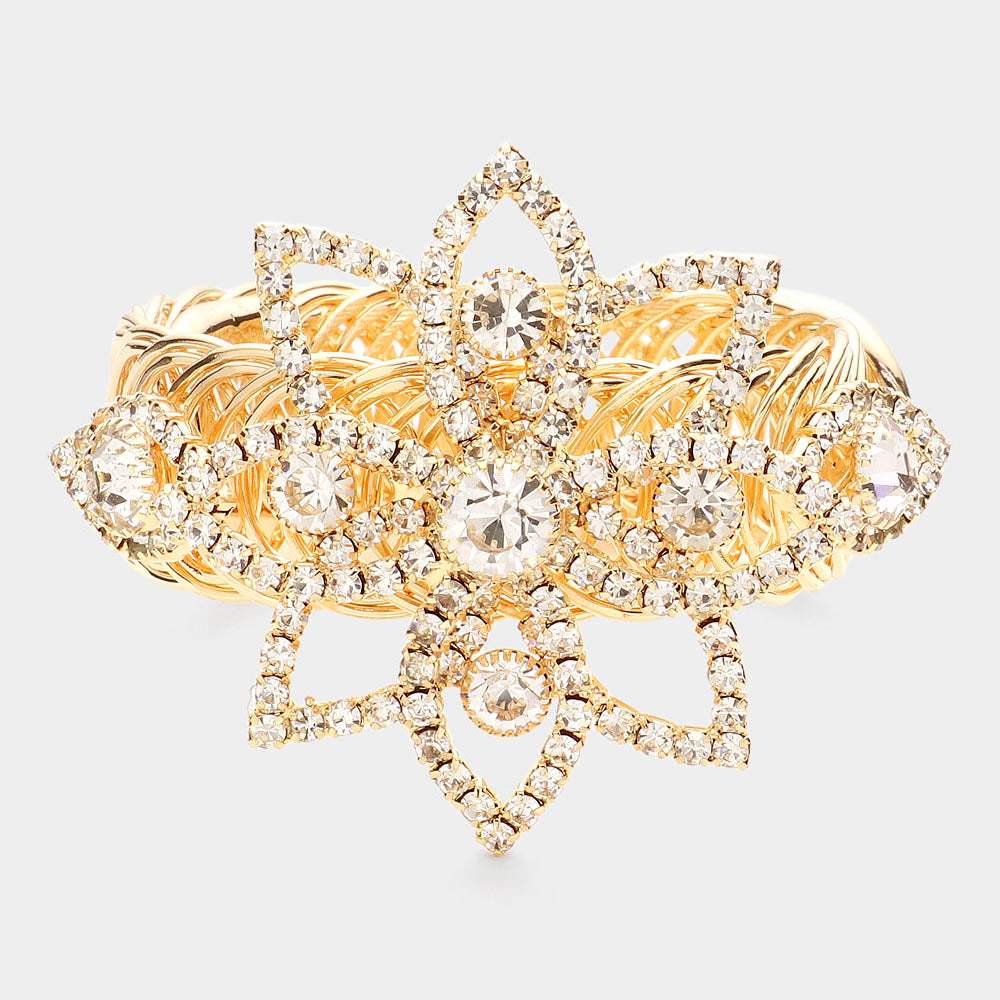 Round Stone Pointed Rhinestone Paved Flower Adjustable Evening Bracelet / Arm Cuff - Madeline Love - Flyclothing LLC