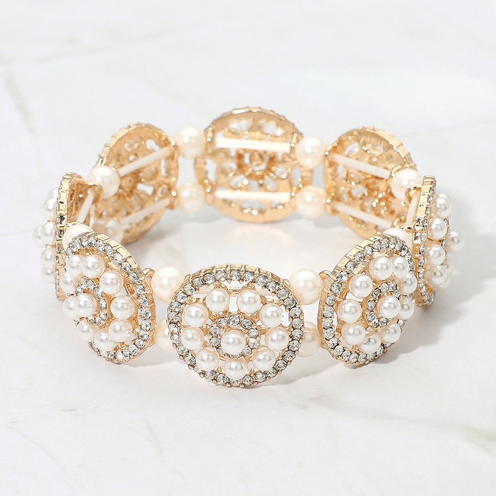Pearl Floral Beaded Stretch Evening Bracelet - Madeline Love - Flyclothing LLC