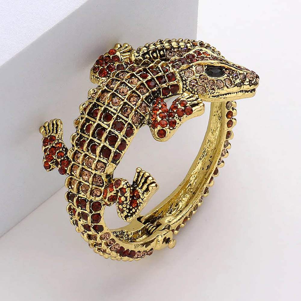 Crystal Rhinestone Crocodile/Alligator Embellished Evening Hinged Cuff Bracelet - Madeline Love - Flyclothing LLC