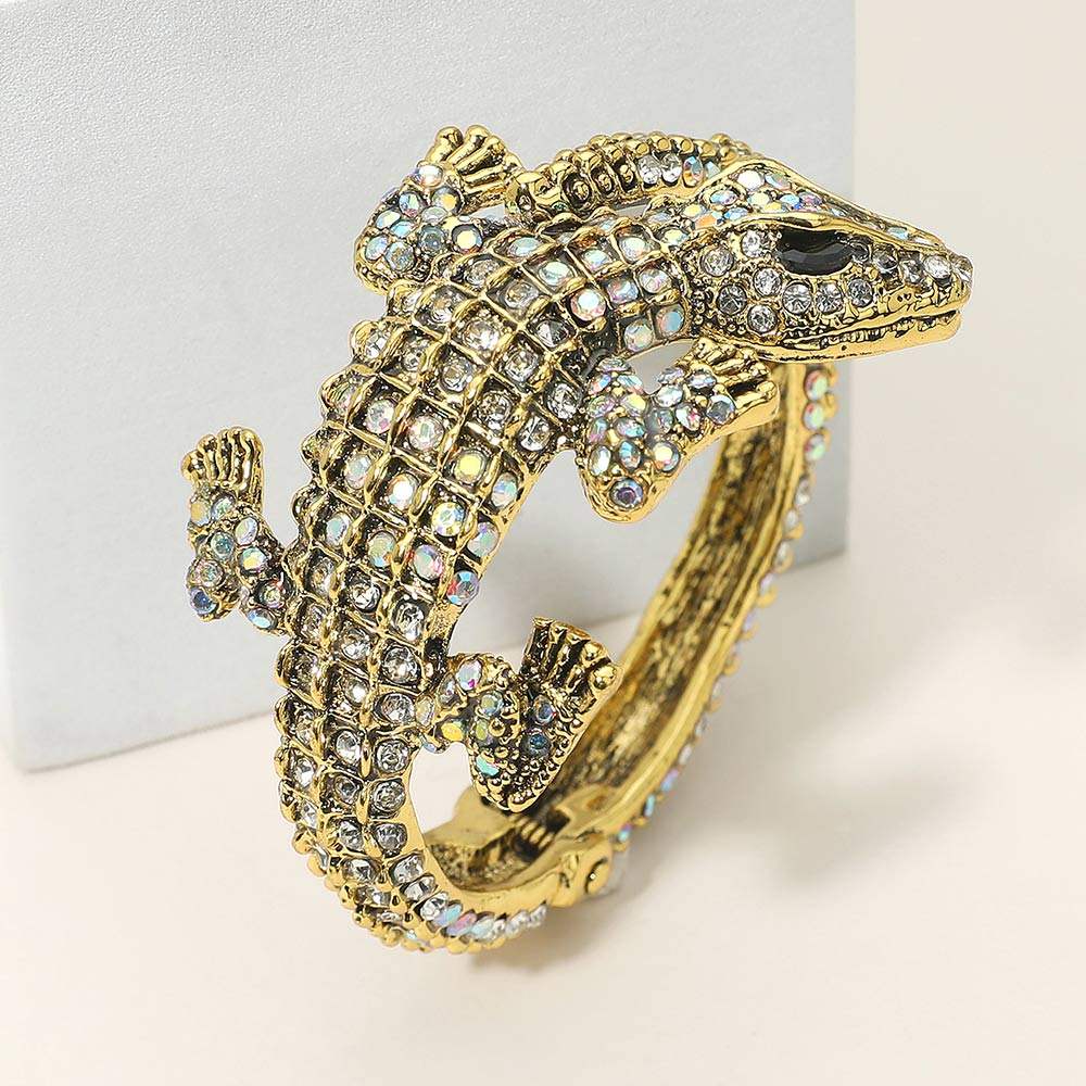 Crystal Rhinestone Crocodile/Alligator Embellished Evening Hinged Cuff Bracelet - Madeline Love - Flyclothing LLC
