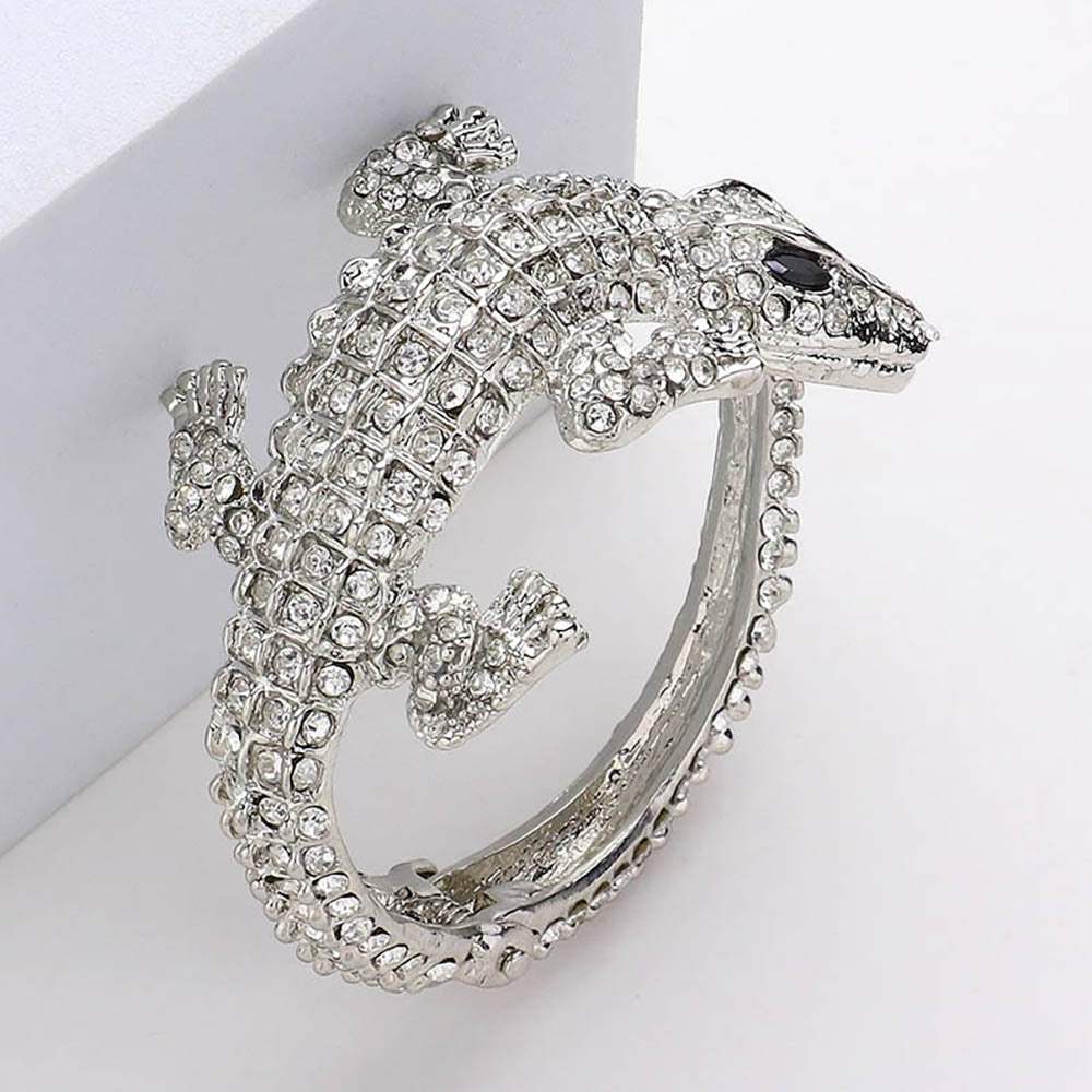 Crystal Rhinestone Crocodile/Alligator Embellished Evening Hinged Cuff Bracelet - Madeline Love - Flyclothing LLC