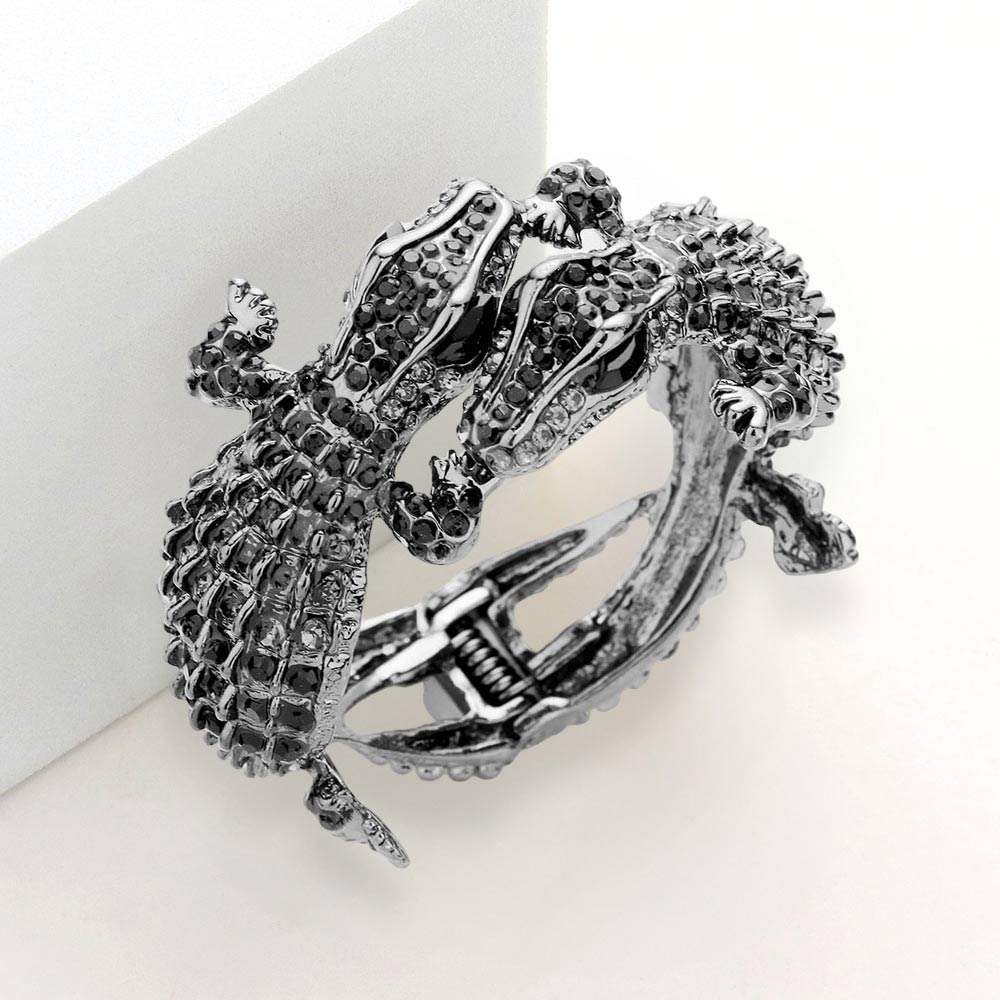 Crystal Rhinestone Double Crocodile/Alligator Evening Hinged Cuff Bracelet - Madeline Love - Flyclothing LLC