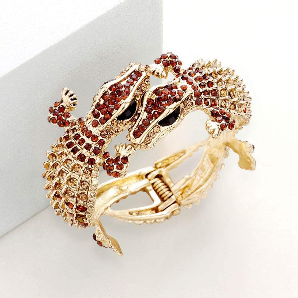 Crystal Rhinestone Double Crocodile/Alligator Evening Hinged Cuff Bracelet - Madeline Love - Flyclothing LLC