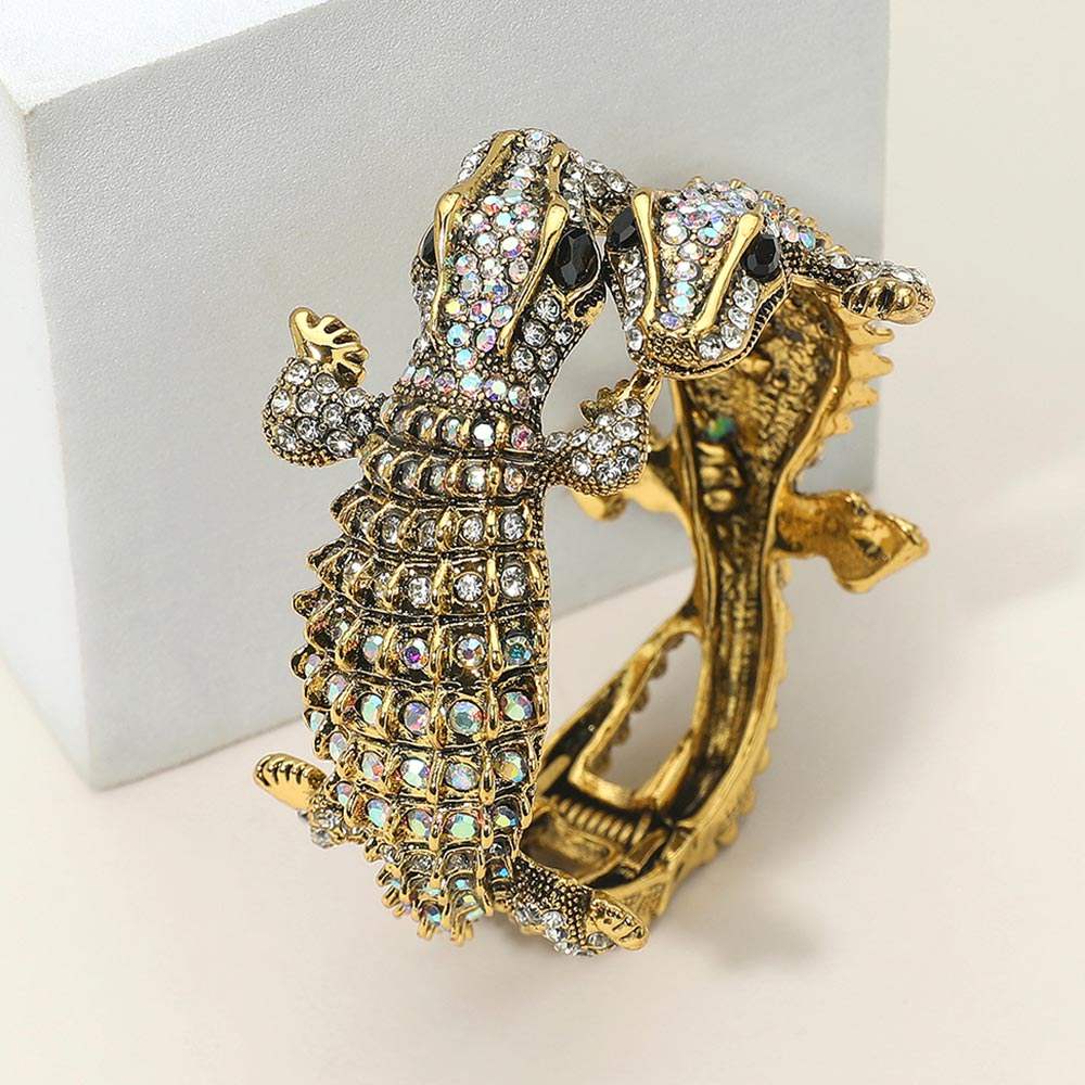 Crystal Rhinestone Double Crocodile/Alligator Evening Hinged Cuff Bracelet - Madeline Love - Flyclothing LLC