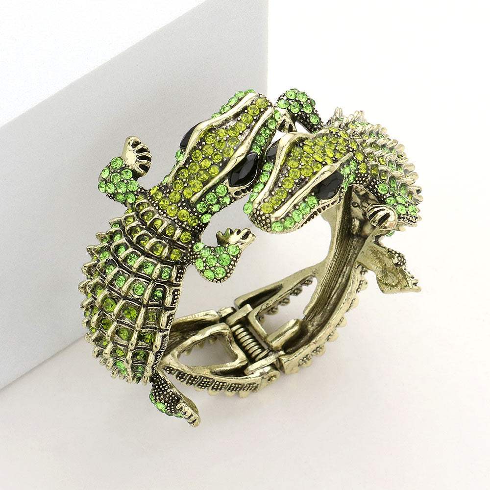 Crystal Rhinestone Double Crocodile/Alligator Evening Hinged Cuff Bracelet - Madeline Love - Flyclothing LLC
