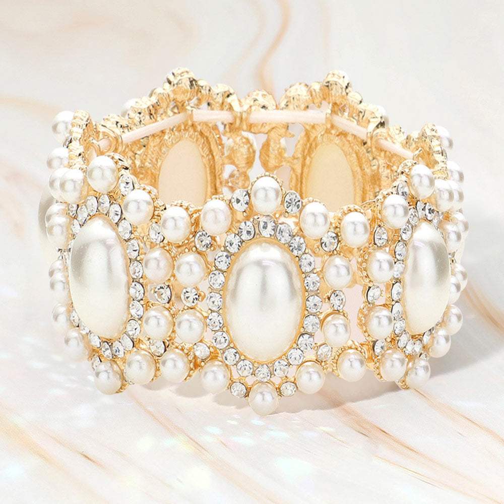 Oval Pearl Accented Link Stretch Evening Bracelet - Madeline Love - Flyclothing LLC