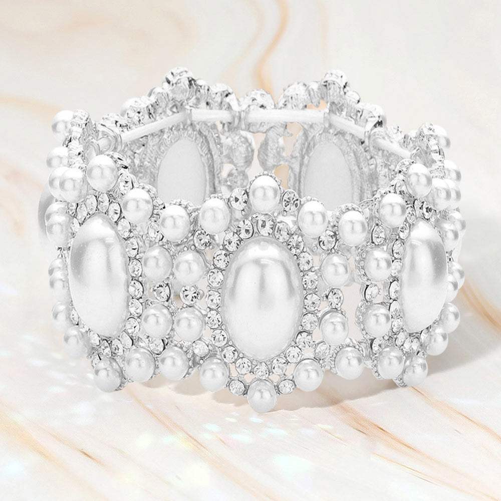 Oval Pearl Accented Link Stretch Evening Bracelet - Madeline Love - Flyclothing LLC