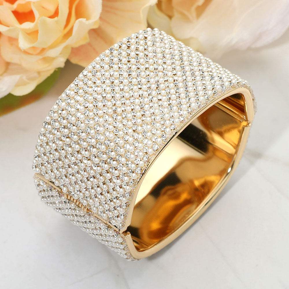 Wide Pearl Paved Hinged Evening Bangle Bracelet - Madeline Love - Flyclothing LLC