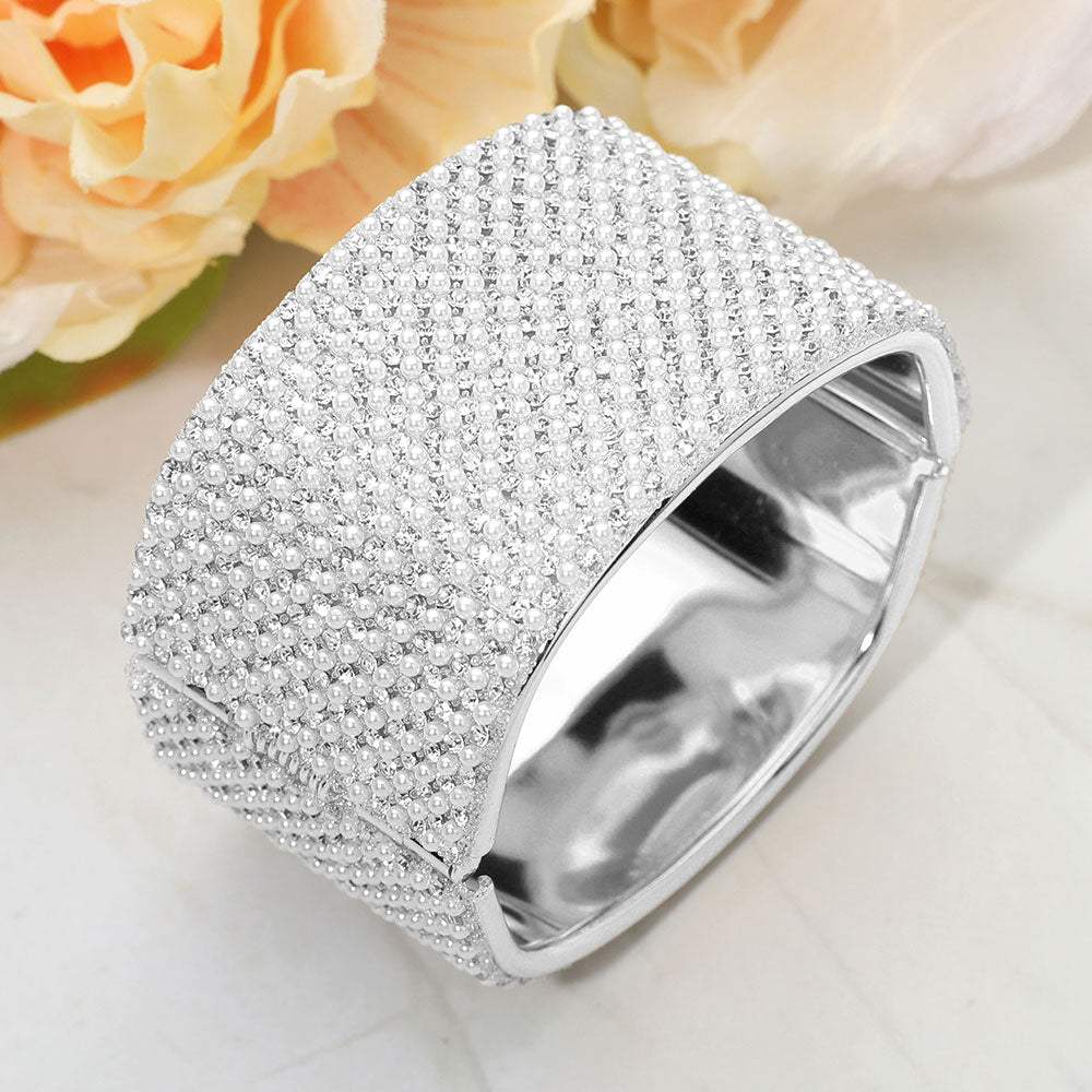 Wide Pearl Paved Hinged Evening Bangle Bracelet - Madeline Love - Flyclothing LLC