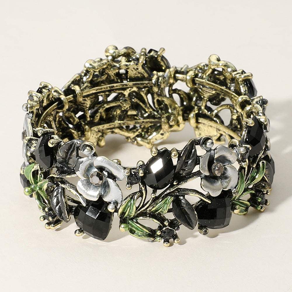 Glass Crystal Metal Flower Leaf Evening Bracelet - Madeline Love - Flyclothing LLC