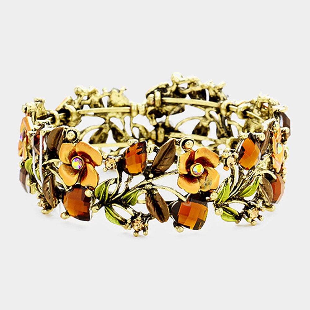 Glass Crystal Metal Flower Leaf Evening Bracelet - Madeline Love - Flyclothing LLC