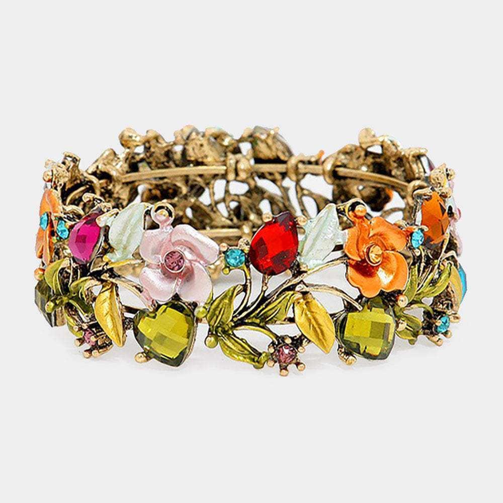 Glass Crystal Metal Flower Leaf Evening Bracelet - Madeline Love - Flyclothing LLC
