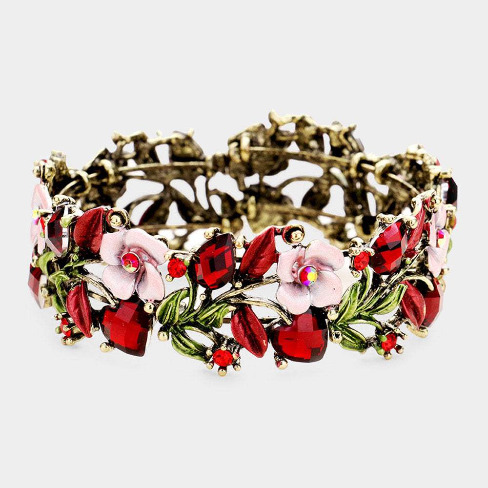 Glass Crystal Metal Flower Leaf Evening Bracelet - Madeline Love - Flyclothing LLC
