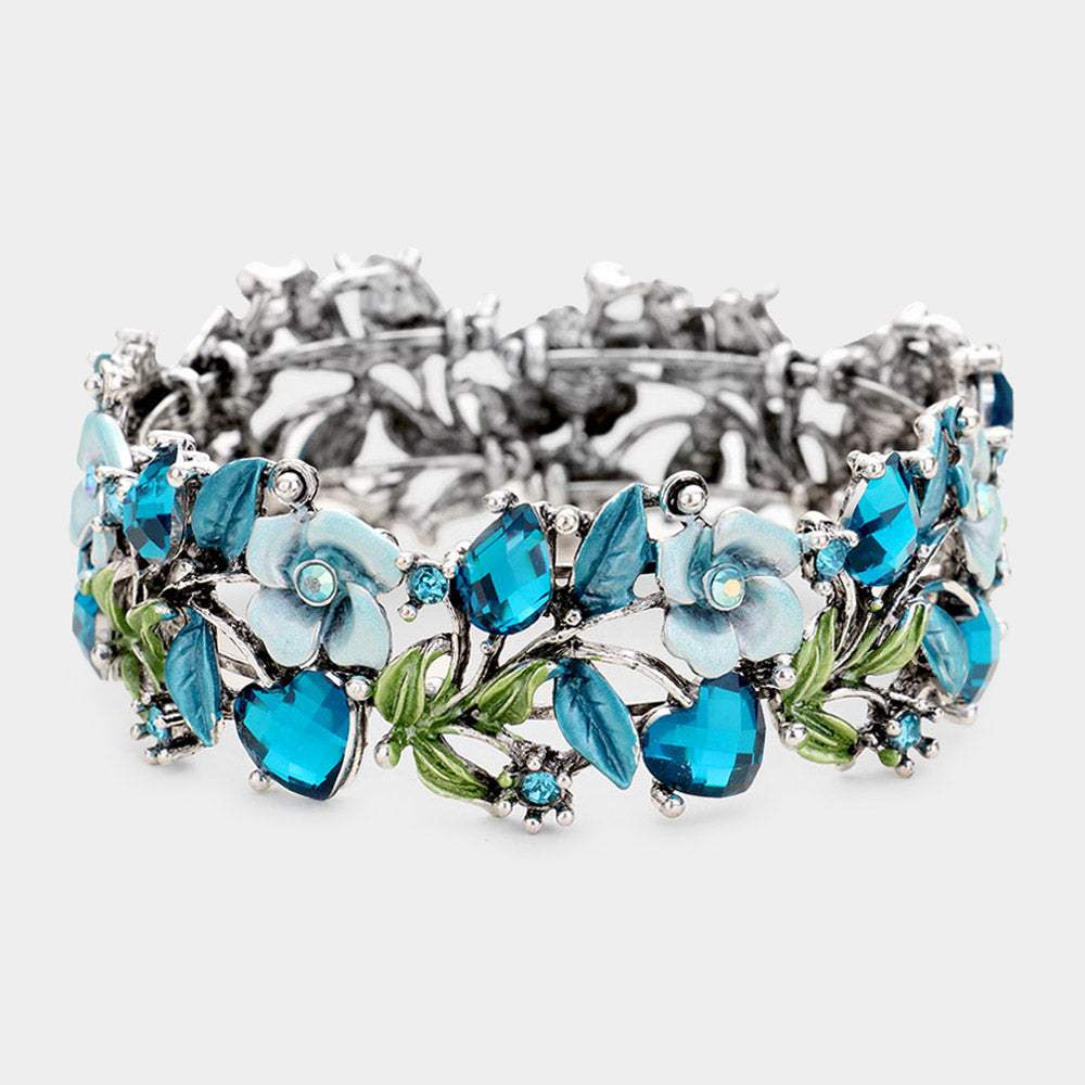 Glass Crystal Metal Flower Leaf Evening Bracelet - Madeline Love - Flyclothing LLC