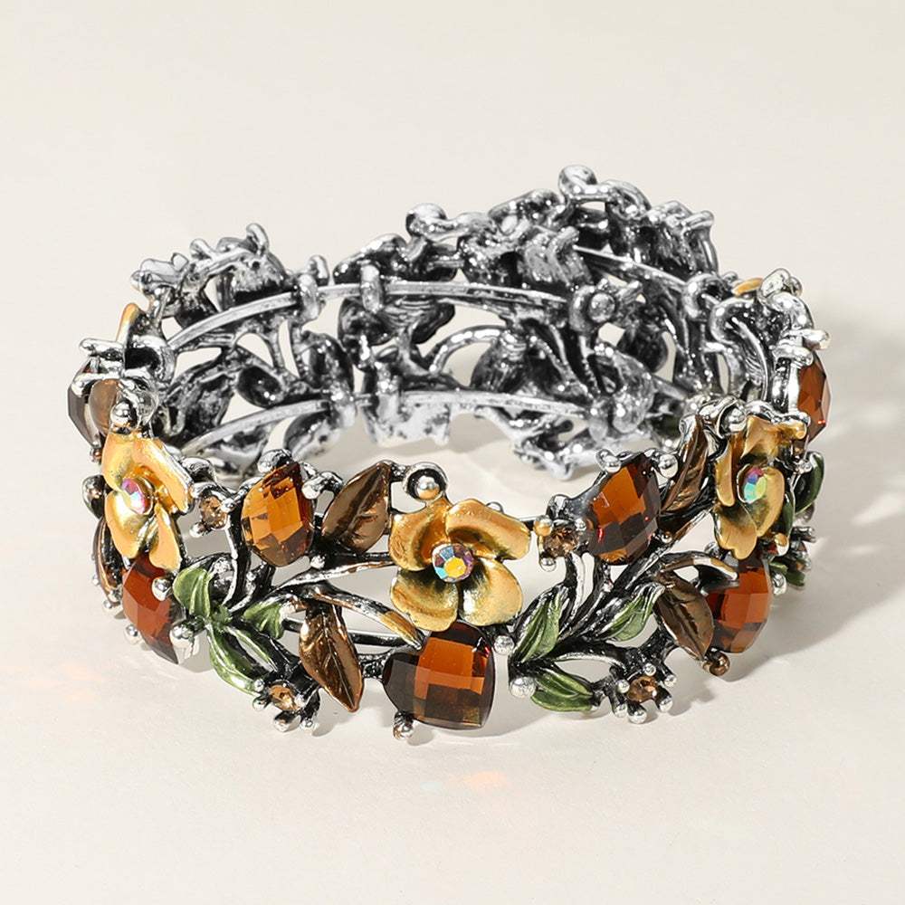 Glass Crystal Metal Flower Leaf Evening Bracelet - Madeline Love - Flyclothing LLC