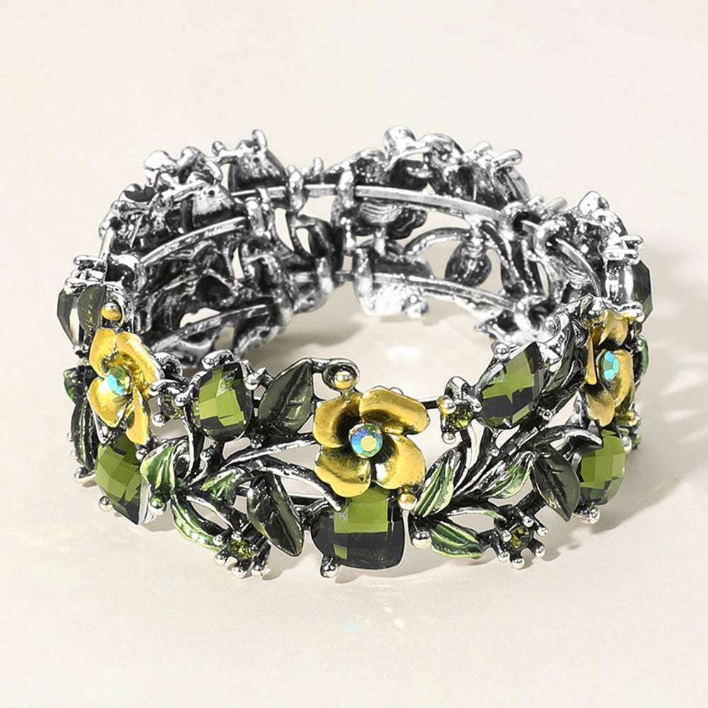 Glass Crystal Metal Flower Leaf Evening Bracelet - Madeline Love - Flyclothing LLC