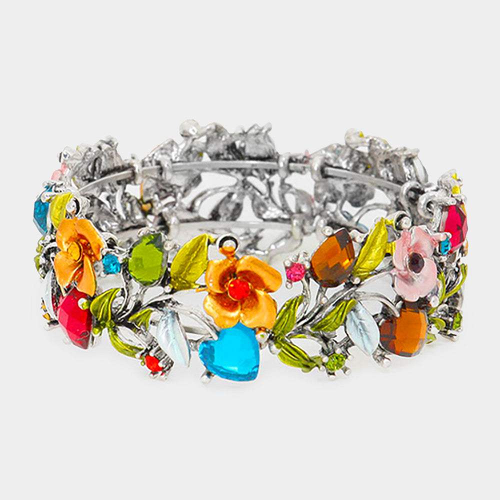 Glass Crystal Metal Flower Leaf Evening Bracelet - Madeline Love - Flyclothing LLC