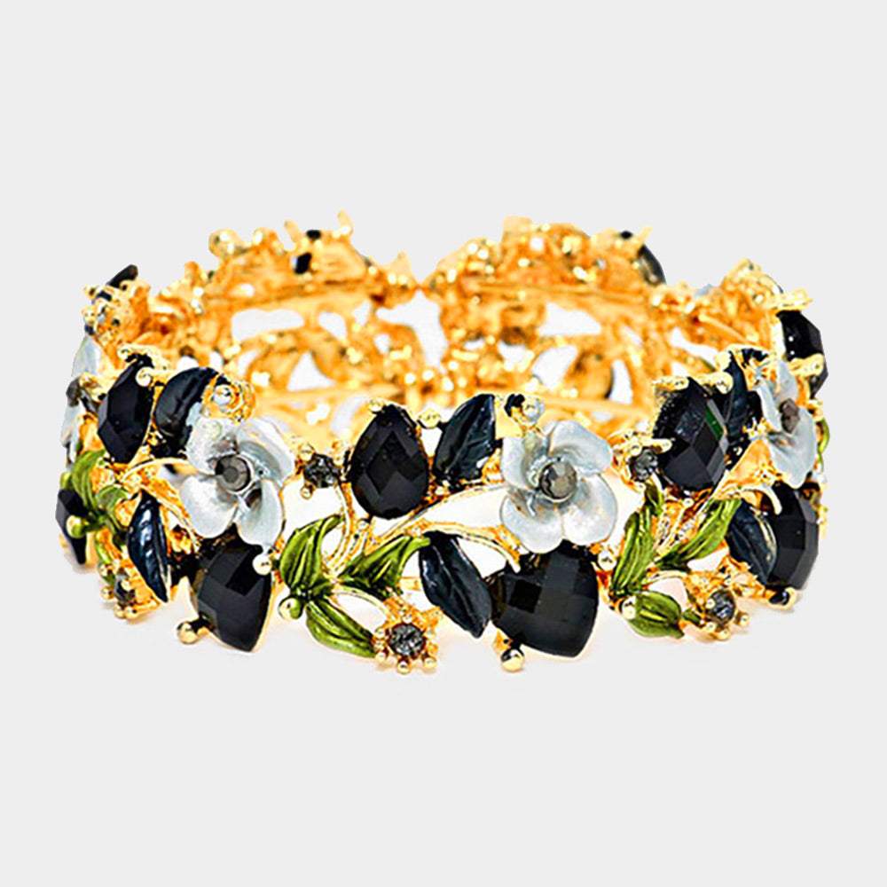 Glass Crystal Metal Flower Leaf Evening Bracelet - Madeline Love - Flyclothing LLC