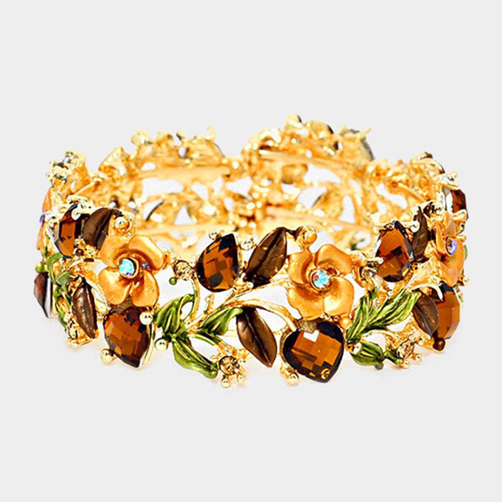 Glass Crystal Metal Flower Leaf Evening Bracelet - Madeline Love - Flyclothing LLC