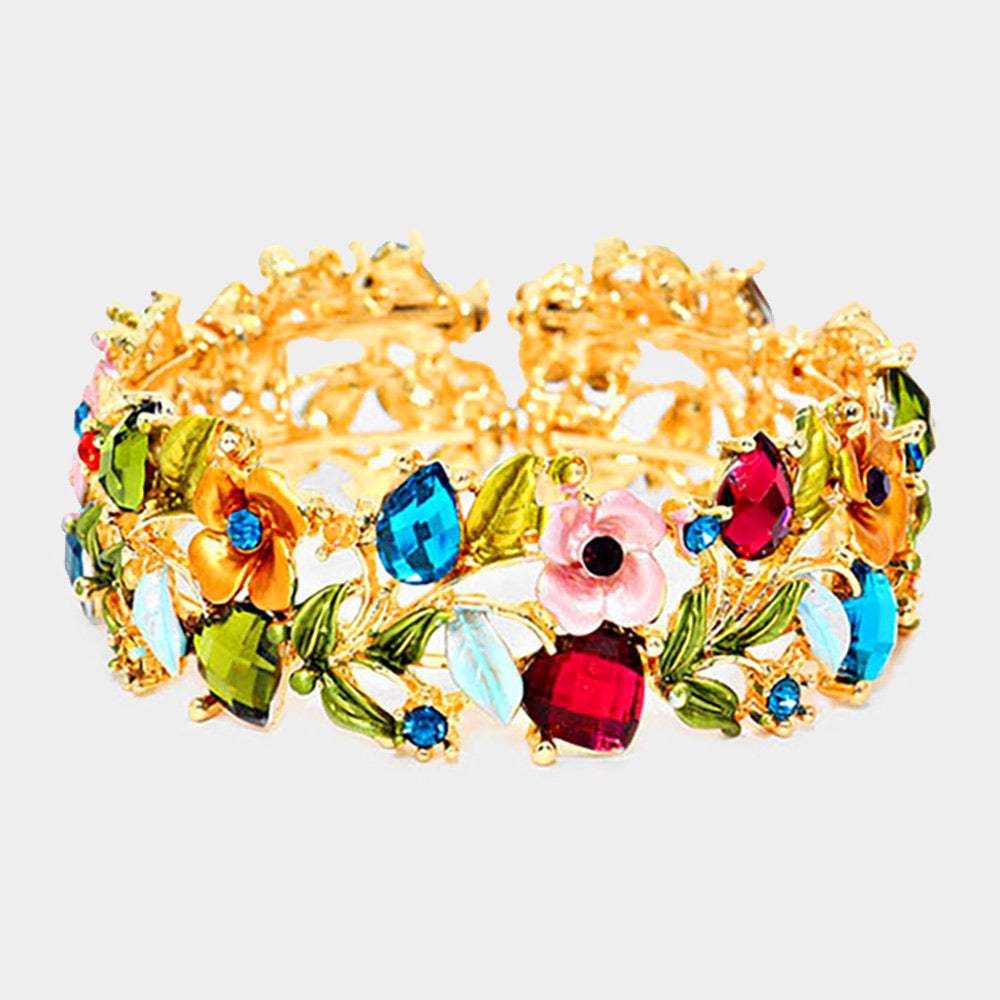 Glass Crystal Metal Flower Leaf Evening Bracelet - Madeline Love - Flyclothing LLC