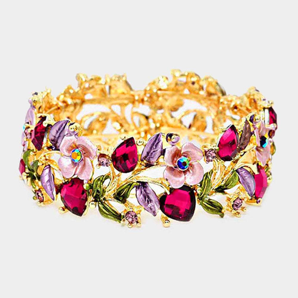 Glass Crystal Metal Flower Leaf Evening Bracelet - Madeline Love - Flyclothing LLC