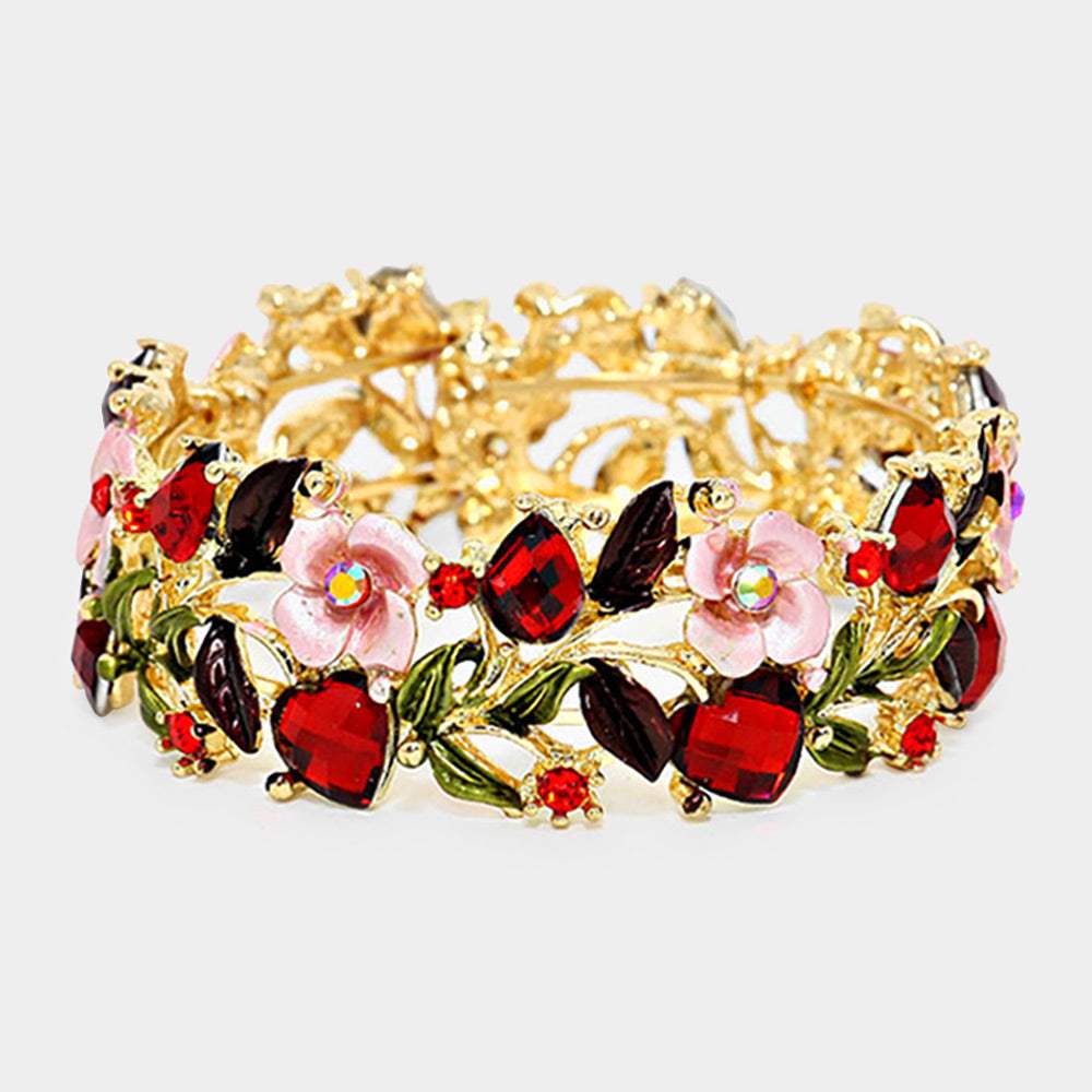 Glass Crystal Metal Flower Leaf Evening Bracelet - Madeline Love - Flyclothing LLC